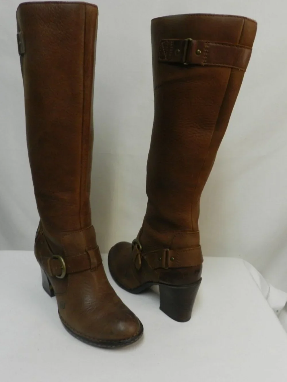 BORN Natasha Leather tall zip boots w/ harness brown heeled Comfort Size Sz 7